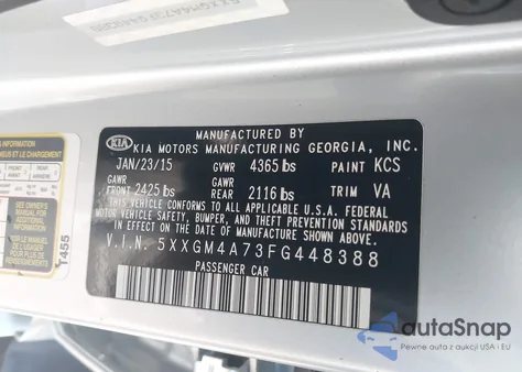 2015 Kia Optima Lx z USA, uszkodzony, nr VIN 5XXGM4A73FG448388